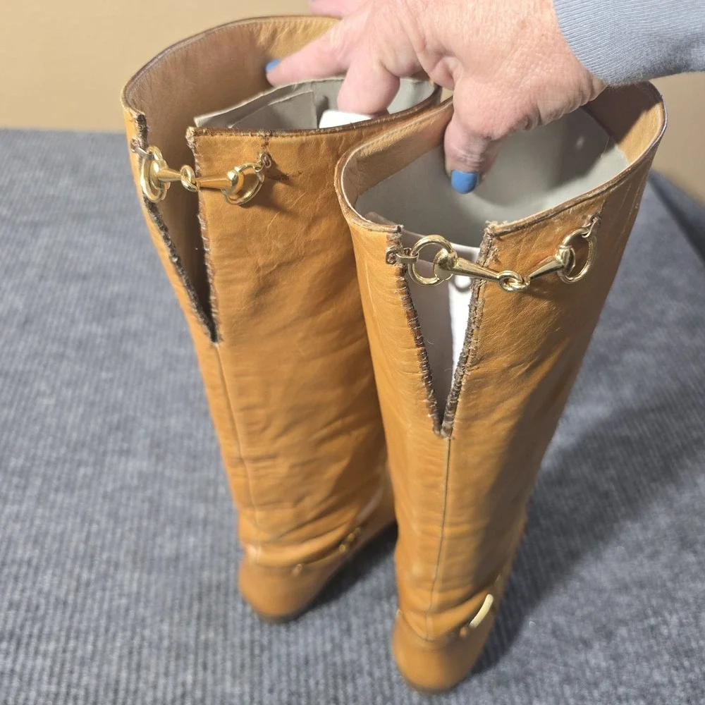 Gucci Camel/Tan Leather Knee High Boots Horse Bit Size 37.5‎ US Size 7-7.5
